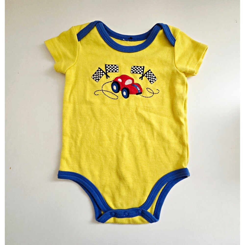 Kidgets Racing Car Graphic Bodysuit Yellow/Blue Contrast Trim Short Sleeve 6-9M